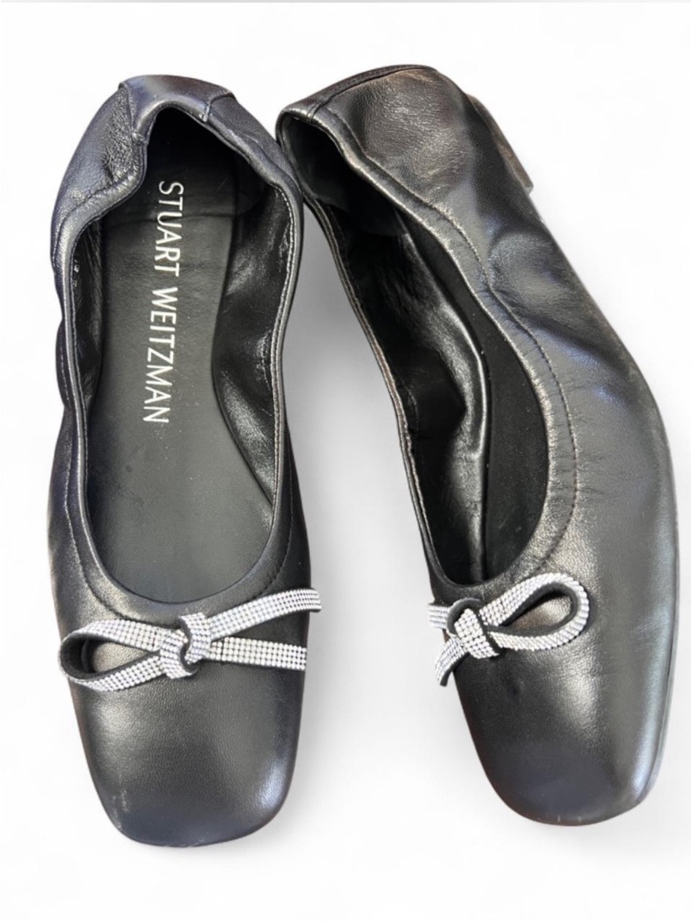 Stuart Weitzman SW Bow Ballet Flat Black Leather Crystal Bow Size 10B